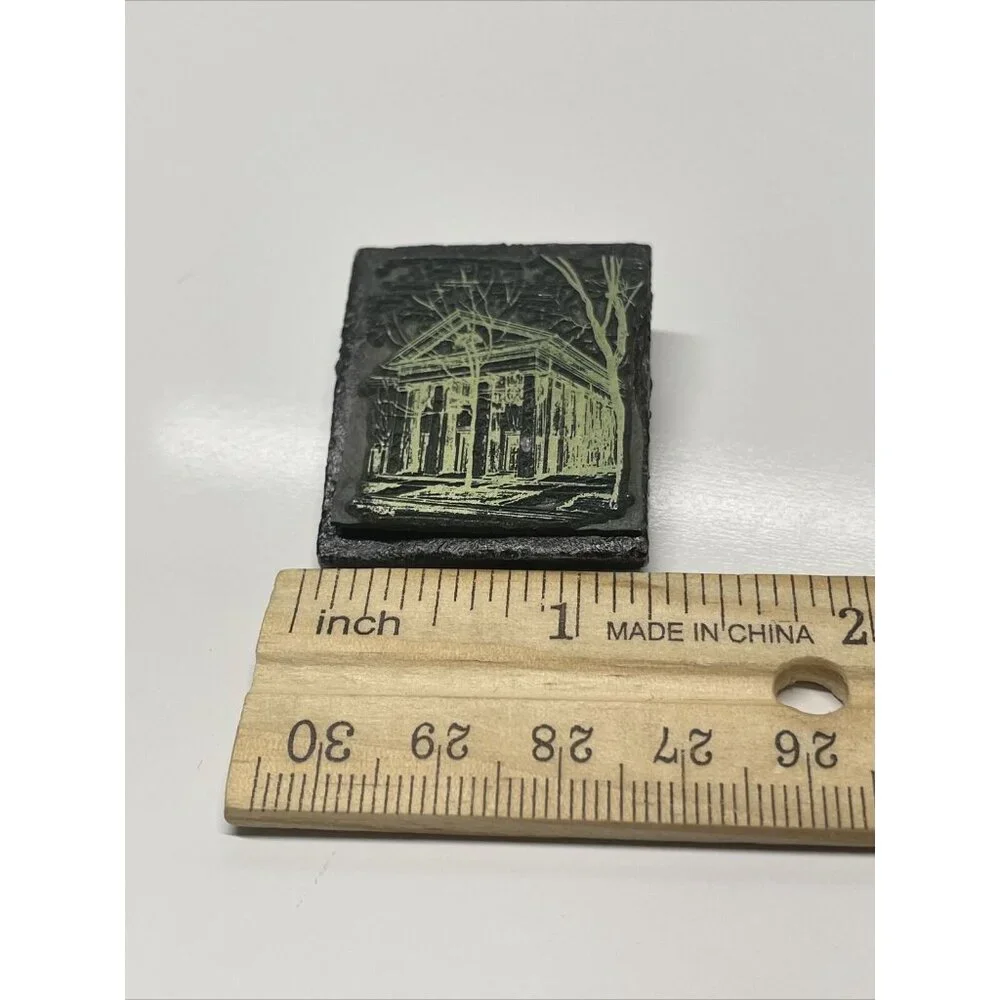 Vintage Handmade Mausoleum Trees Brooch Pin Slate Gold & Black Colored Graveyard